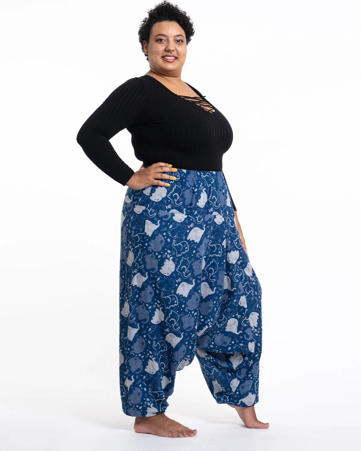 Plus Size Unisex Elephant Prints Low Cut Cotton Harem Pants in Indigo