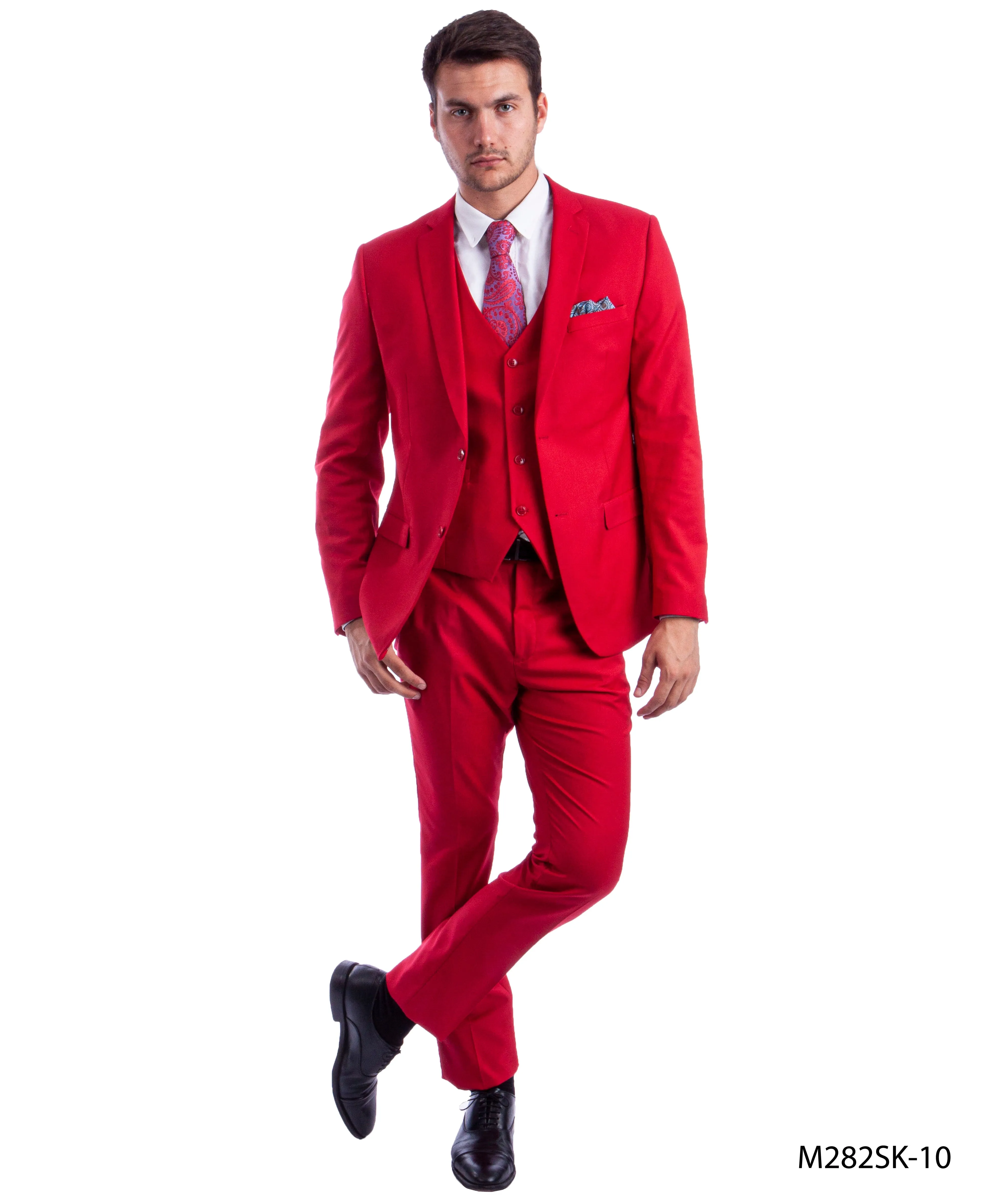 Red 3 PC Solid Suit - Slim Fit