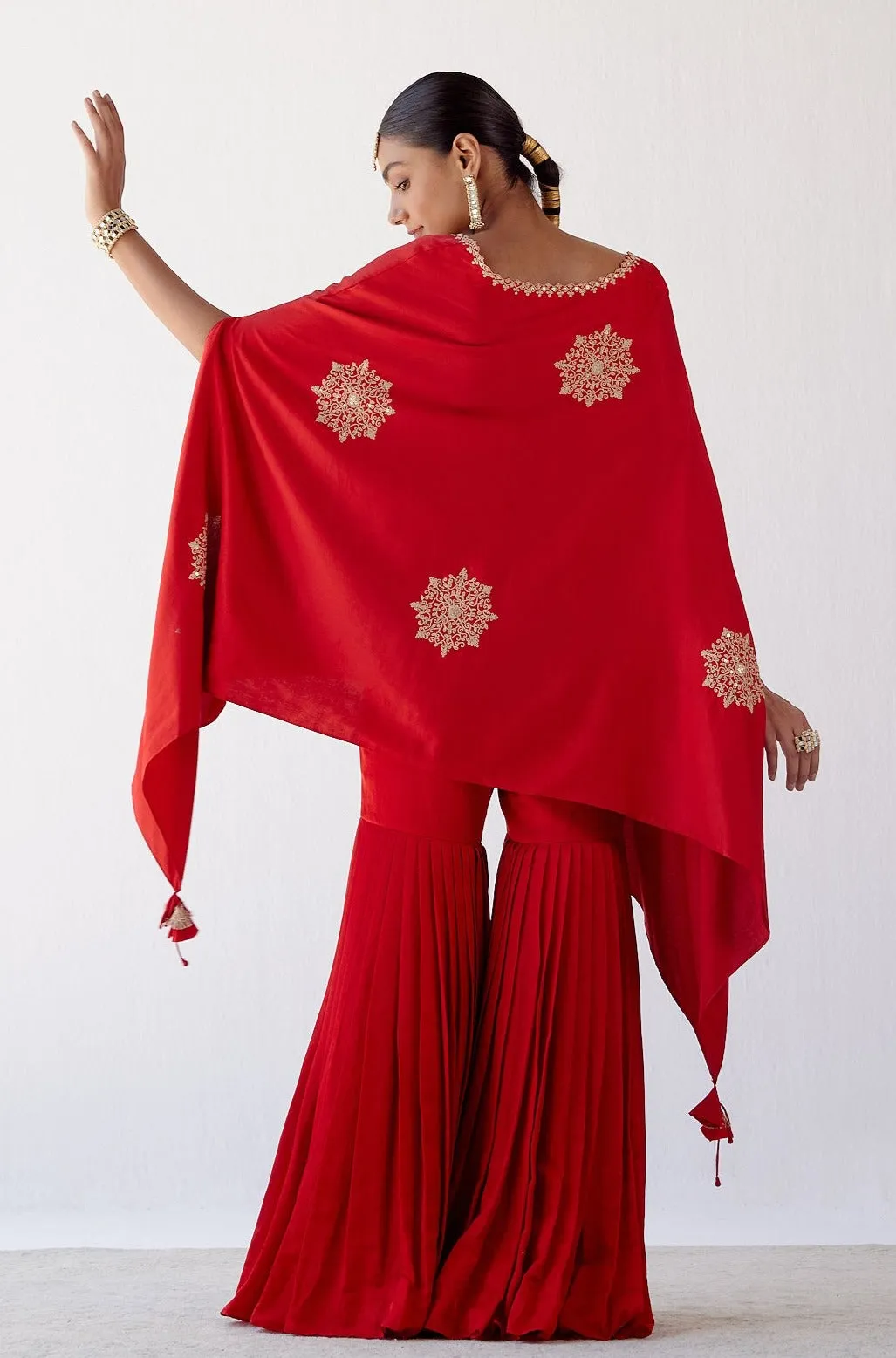 Red Embroidered Cotton Silk Sharara Set