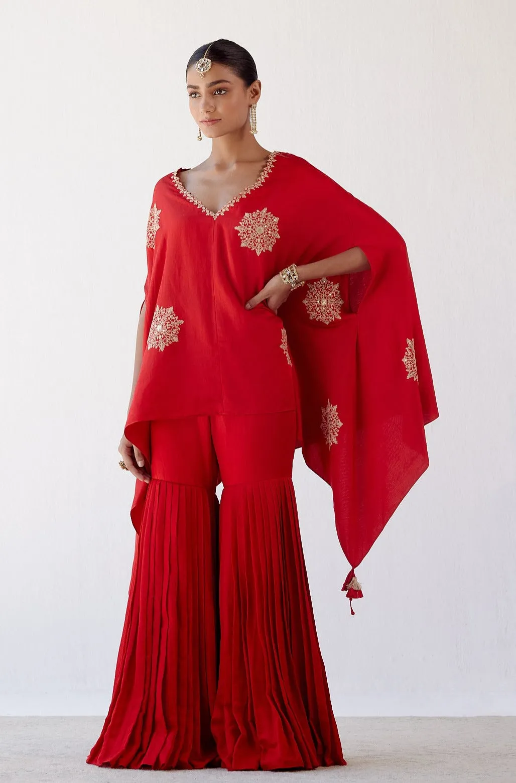 Red Embroidered Cotton Silk Sharara Set