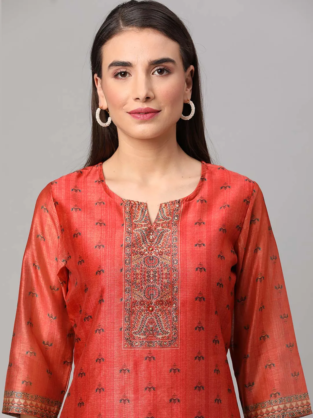 Rust Ornamental Printed Kurta Trouser Dupatta