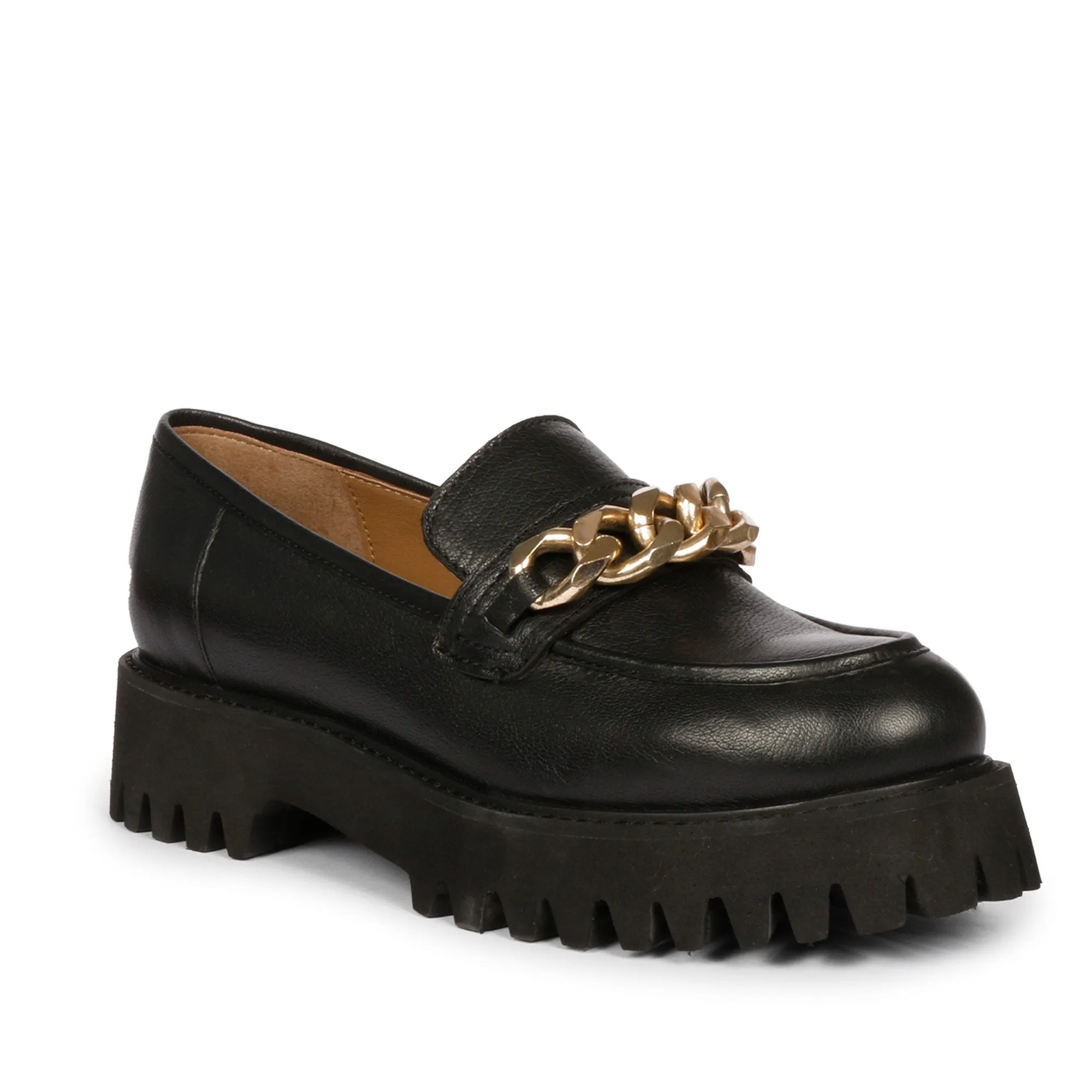 Saint Donna Gold Chain Embellished Black Leather Moccasins