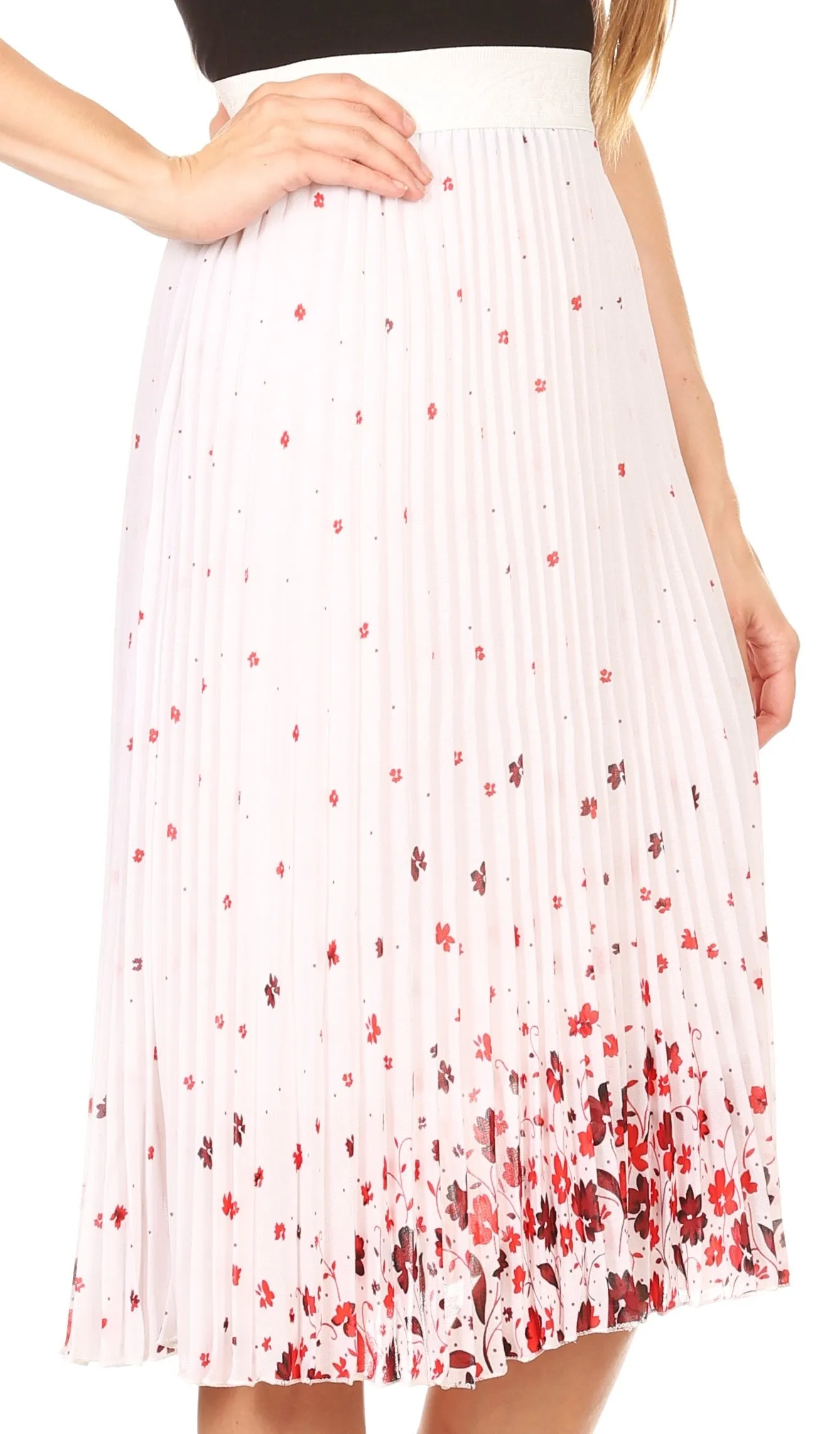 Sakkas Caasi Midi Pleated Light Crepe Skirt with Print and Elastic Waist