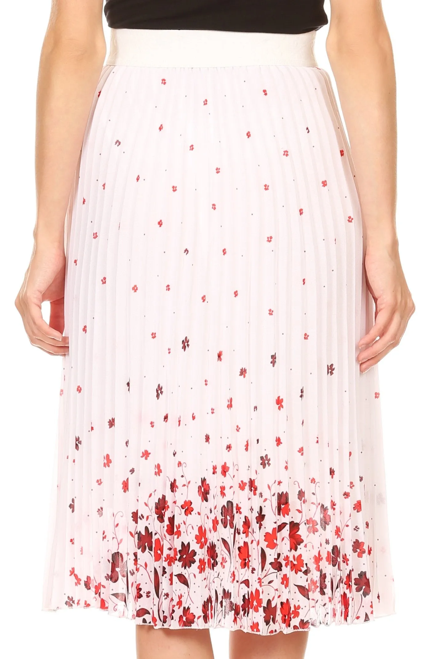 Sakkas Caasi Midi Pleated Light Crepe Skirt with Print and Elastic Waist