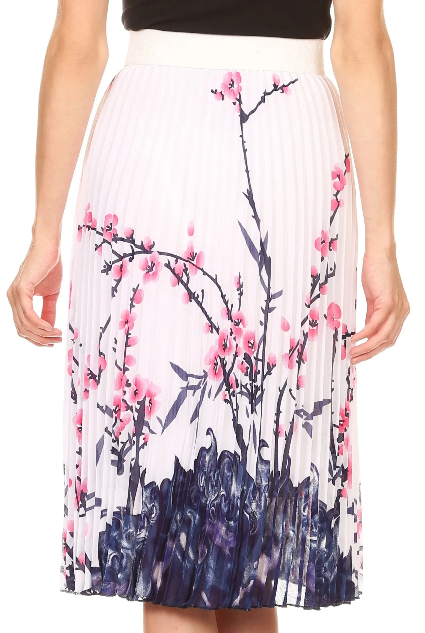 Sakkas Caasi Midi Pleated Light Crepe Skirt with Print and Elastic Waist