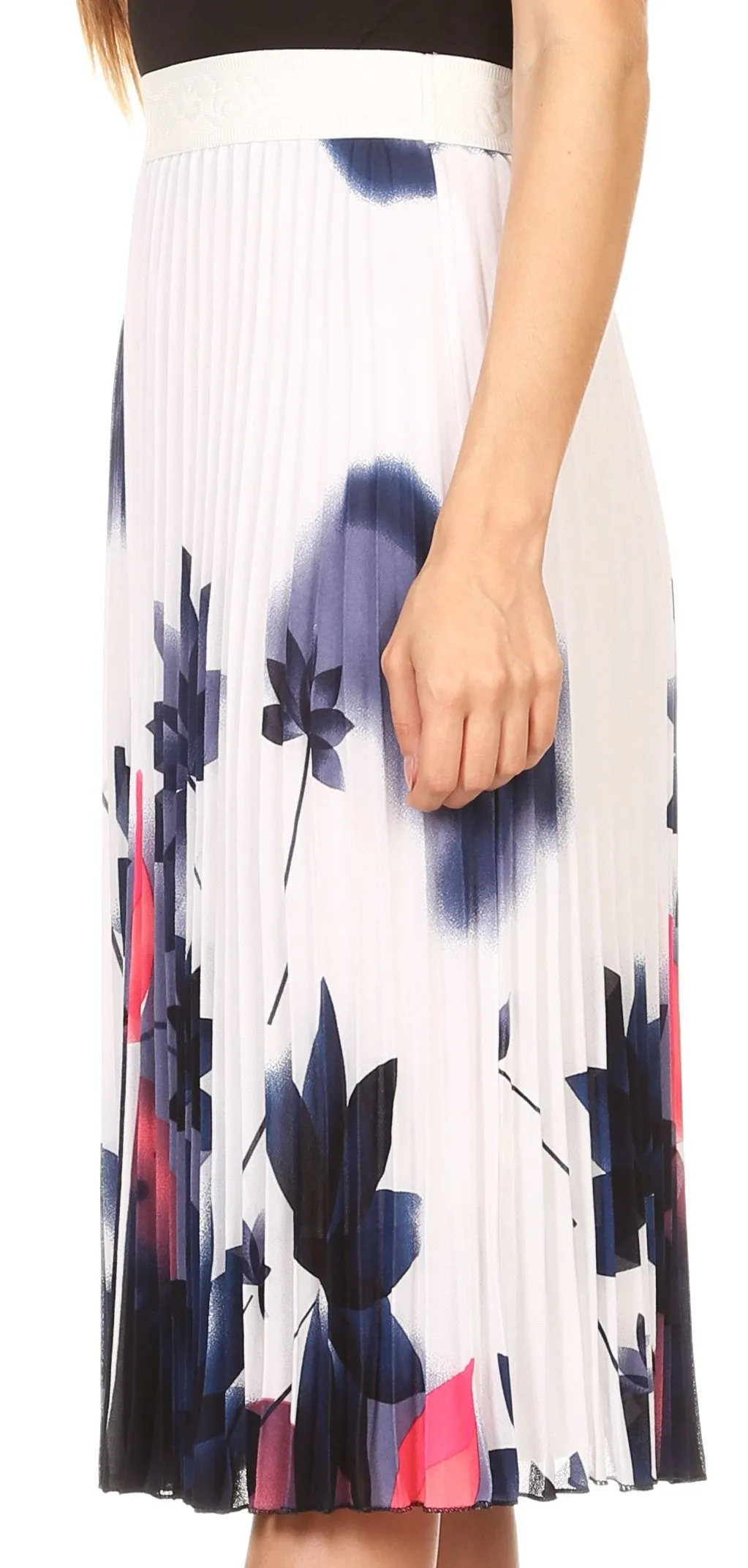 Sakkas Caasi Midi Pleated Light Crepe Skirt with Print and Elastic Waist