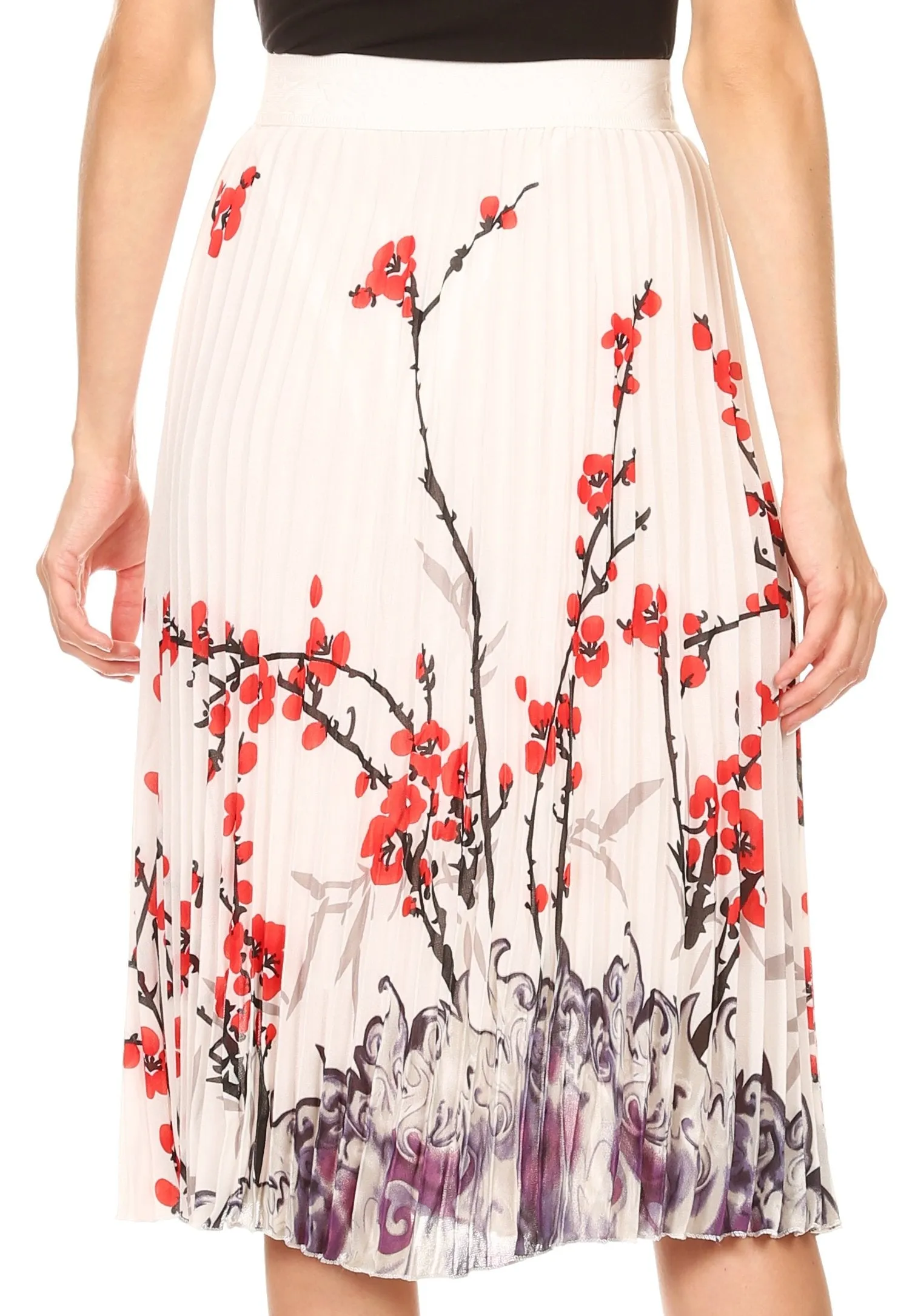 Sakkas Caasi Midi Pleated Light Crepe Skirt with Print and Elastic Waist