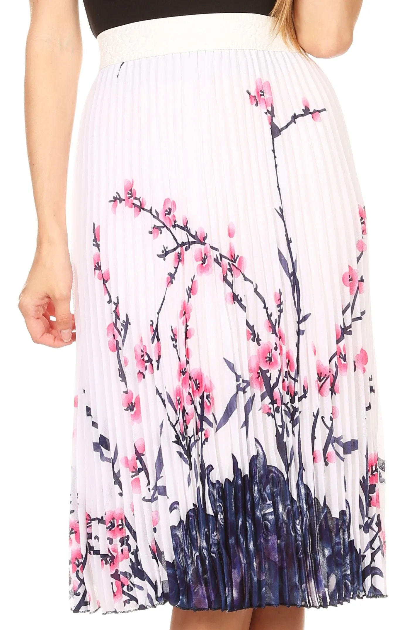 Sakkas Caasi Midi Pleated Light Crepe Skirt with Print and Elastic Waist