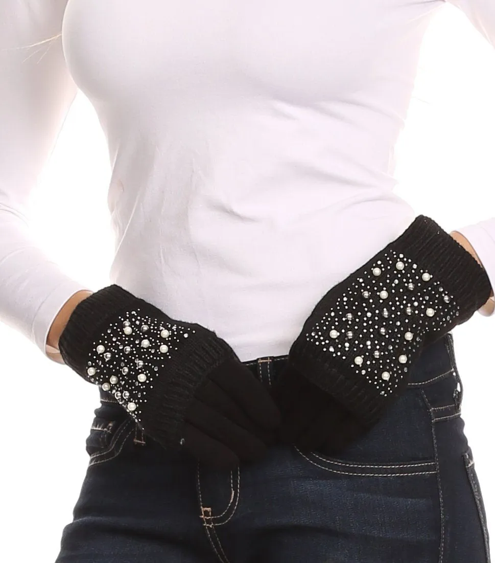 Sakkas Tam Rhinestone Pearl Touch Screen Tip Knitted Glove With Removable Sleeve