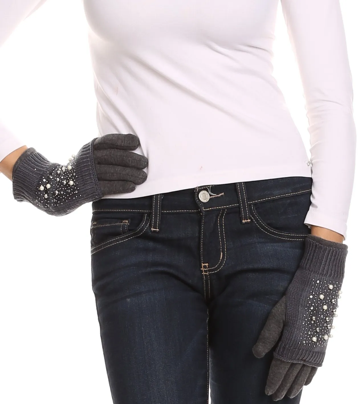 Sakkas Tam Rhinestone Pearl Touch Screen Tip Knitted Glove With Removable Sleeve