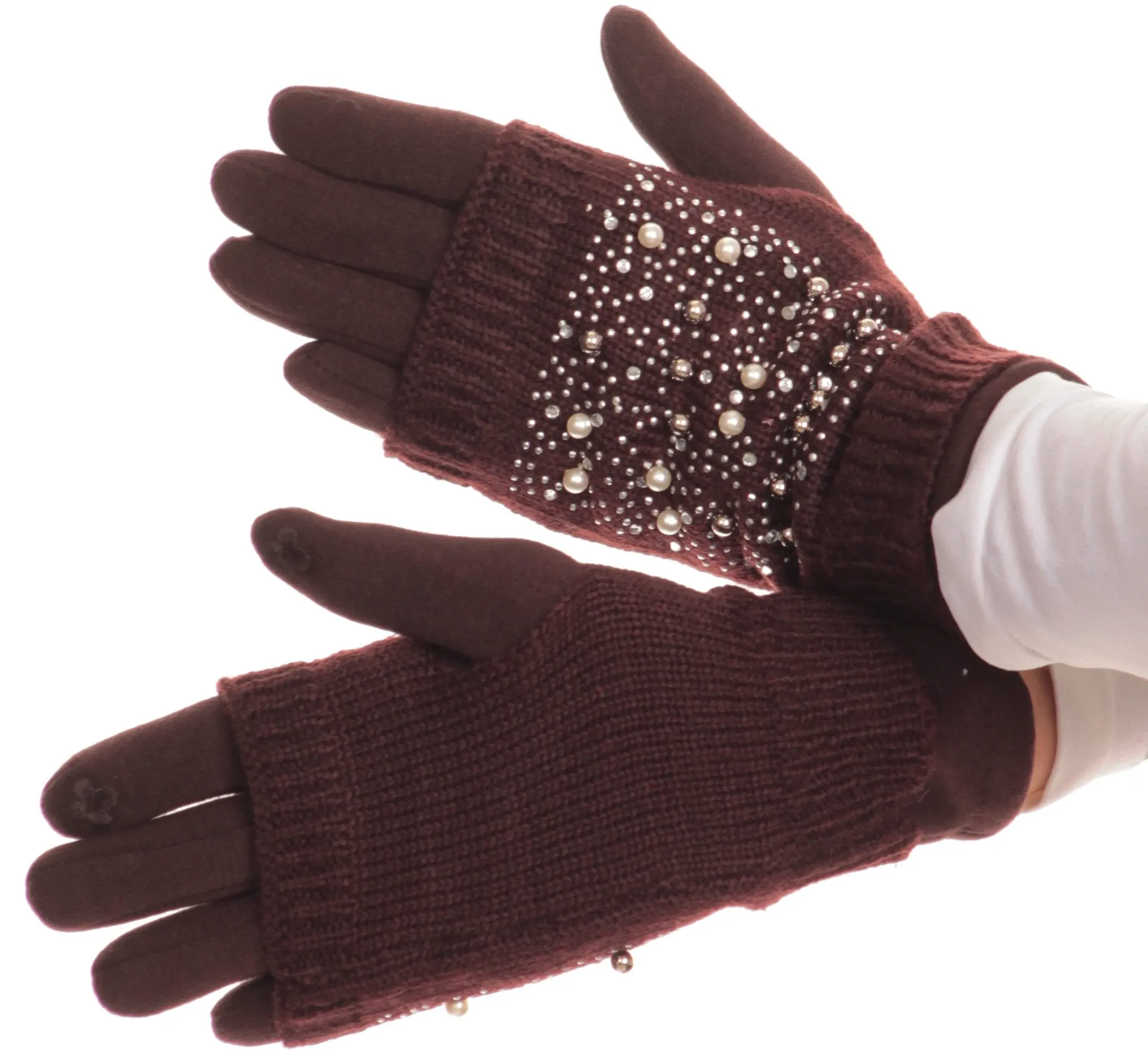 Sakkas Tam Rhinestone Pearl Touch Screen Tip Knitted Glove With Removable Sleeve