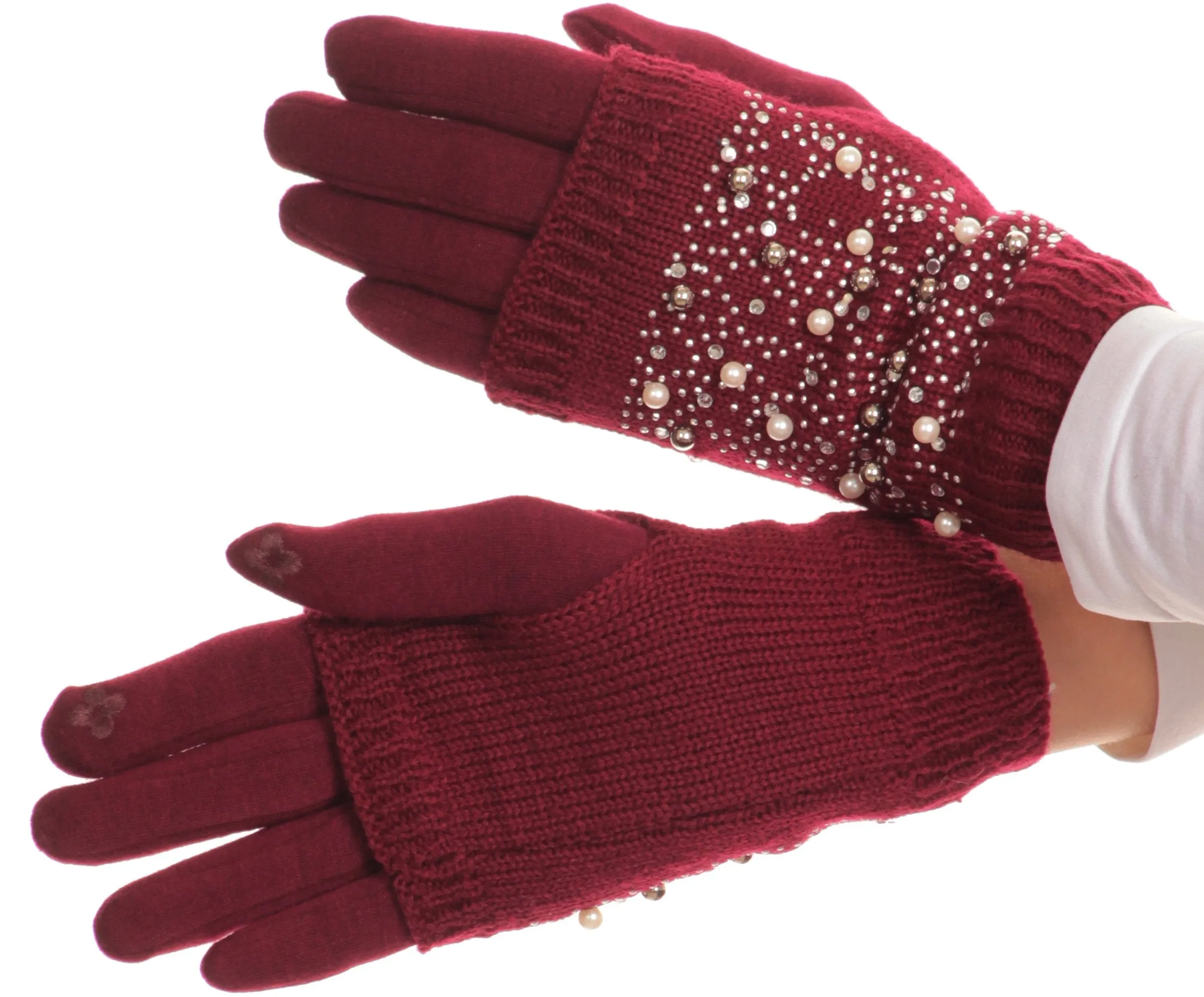 Sakkas Tam Rhinestone Pearl Touch Screen Tip Knitted Glove With Removable Sleeve