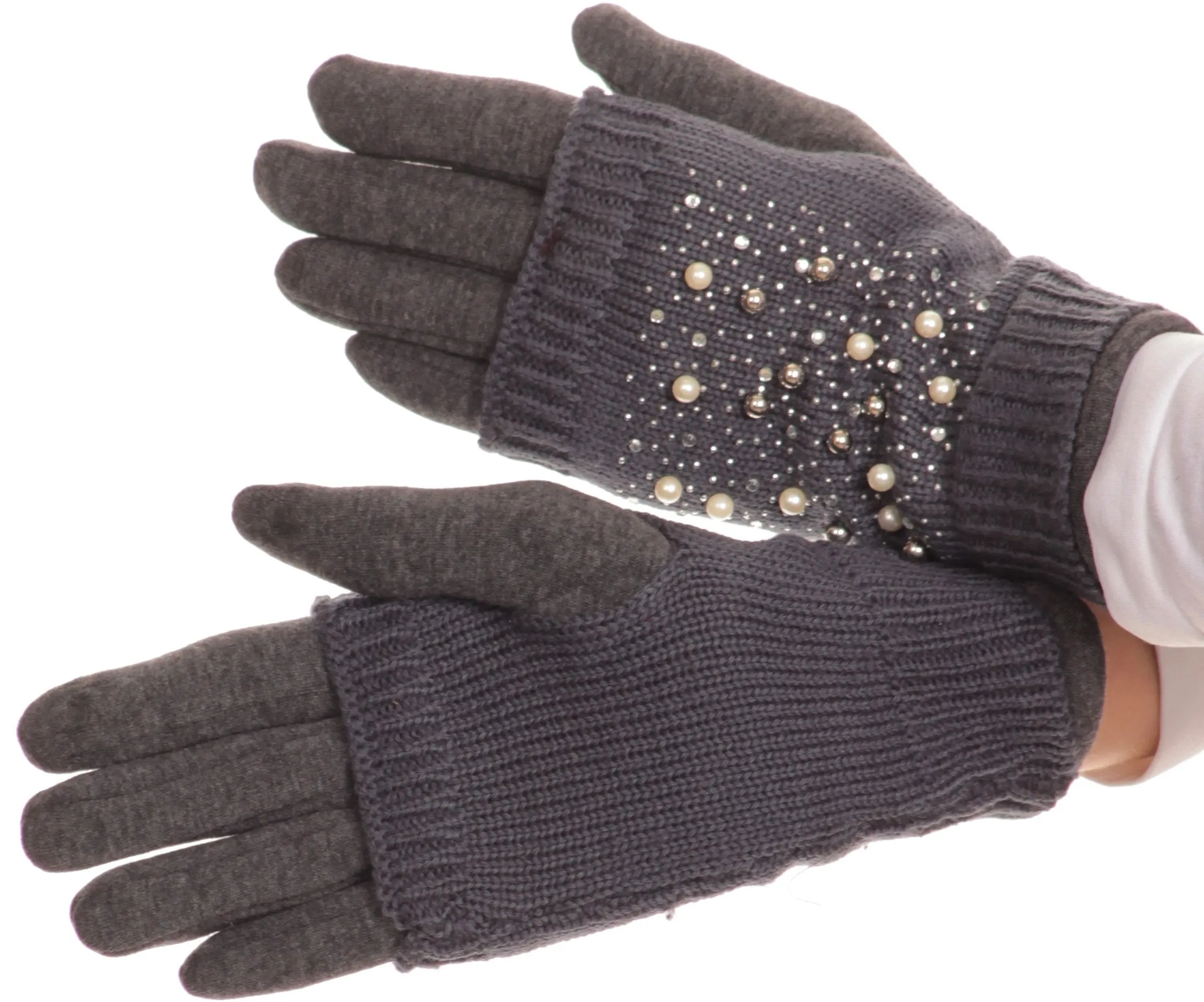 Sakkas Tam Rhinestone Pearl Touch Screen Tip Knitted Glove With Removable Sleeve