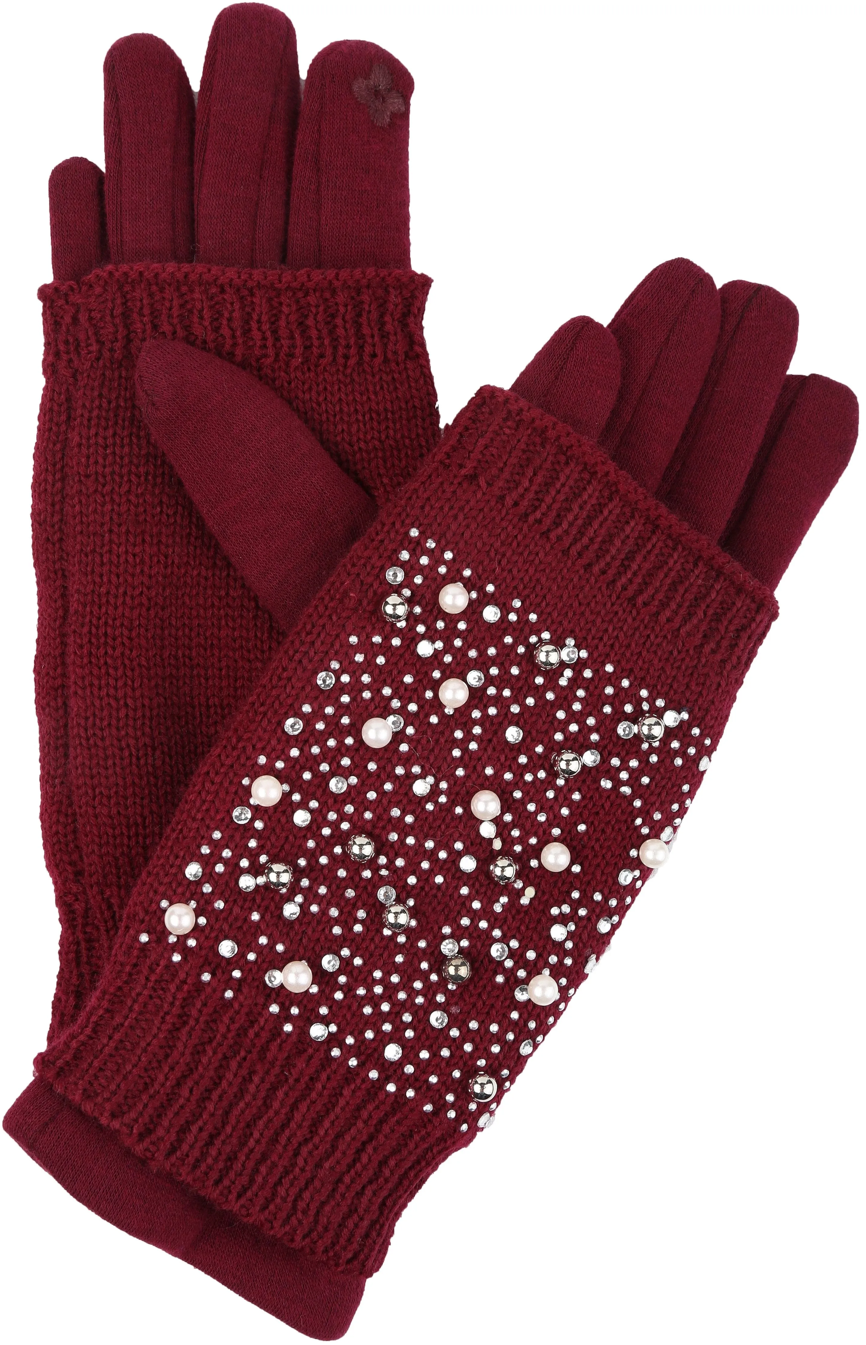 Sakkas Tam Rhinestone Pearl Touch Screen Tip Knitted Glove With Removable Sleeve