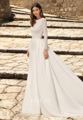 Scoop Neck A-Line Long Sleeves Sweep Train Pleated Satin Bridal Dress with Appliques Wedding Dress