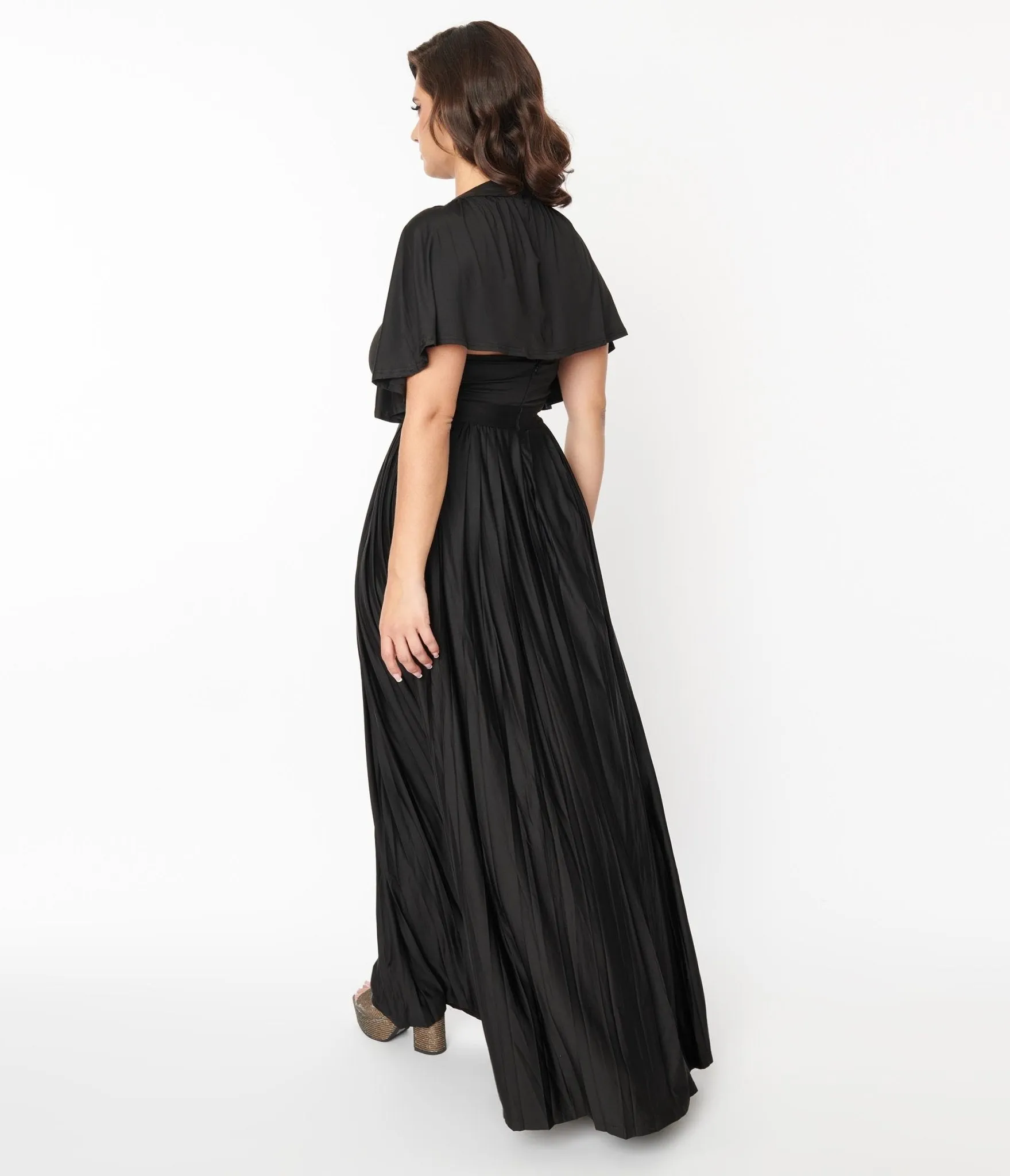 Smak Parlour 1970s Black Pleated Cape Maxi Dress