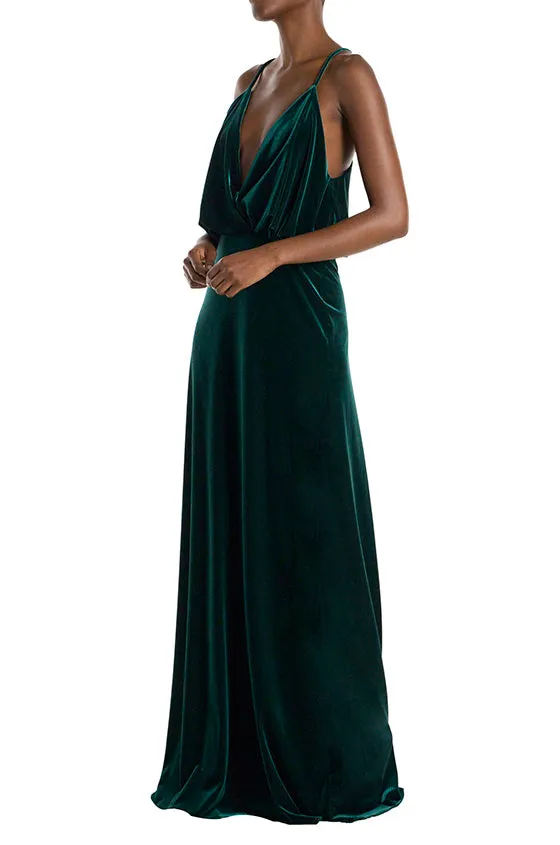 Spaghetti Strap Cowl Neck Velour Gown