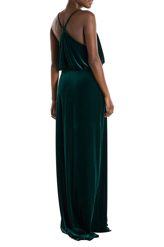 Spaghetti Strap Cowl Neck Velour Gown