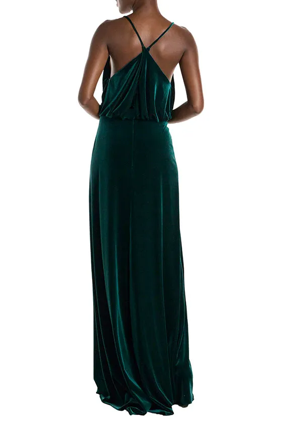 Spaghetti Strap Cowl Neck Velour Gown