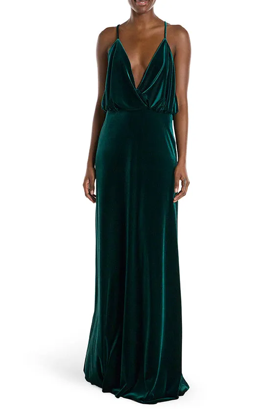 Spaghetti Strap Cowl Neck Velour Gown