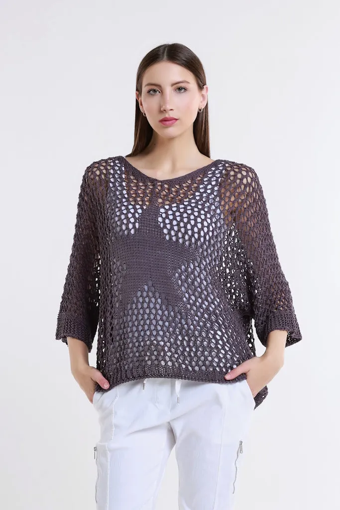 Star Gladys 3/4 Slv Open Knit Tonal Star Sweater (BQ912T)