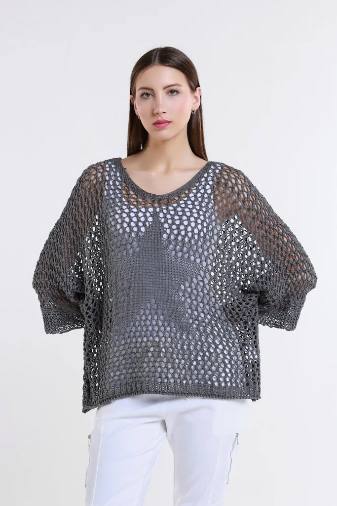 Star Gladys 3/4 Slv Open Knit Tonal Star Sweater (BQ912T)