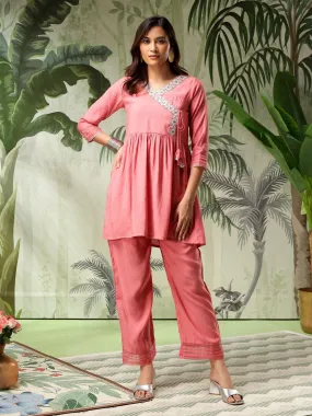 Tara Pink Muslin Embroidered Angrakha Co-Ord Set