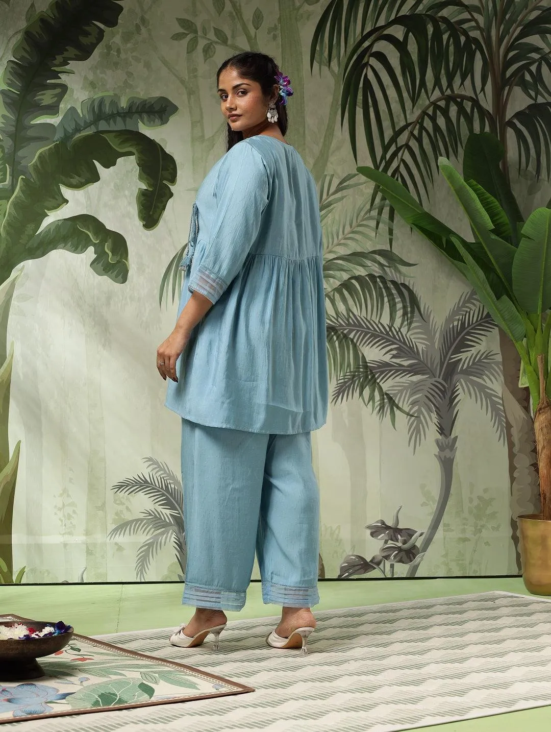 Tara Plus Size Blue Muslin Embroidered Angrakha Co-Ord Set