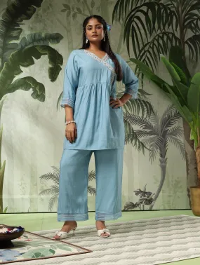 Tara Plus Size Blue Muslin Embroidered Angrakha Co-Ord Set