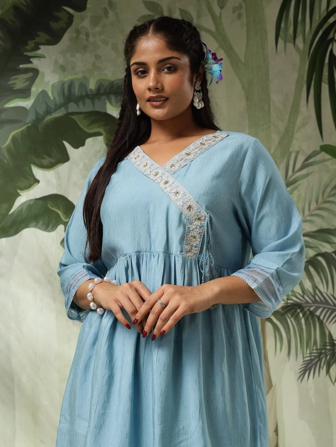 Tara Plus Size Blue Muslin Embroidered Angrakha Co-Ord Set