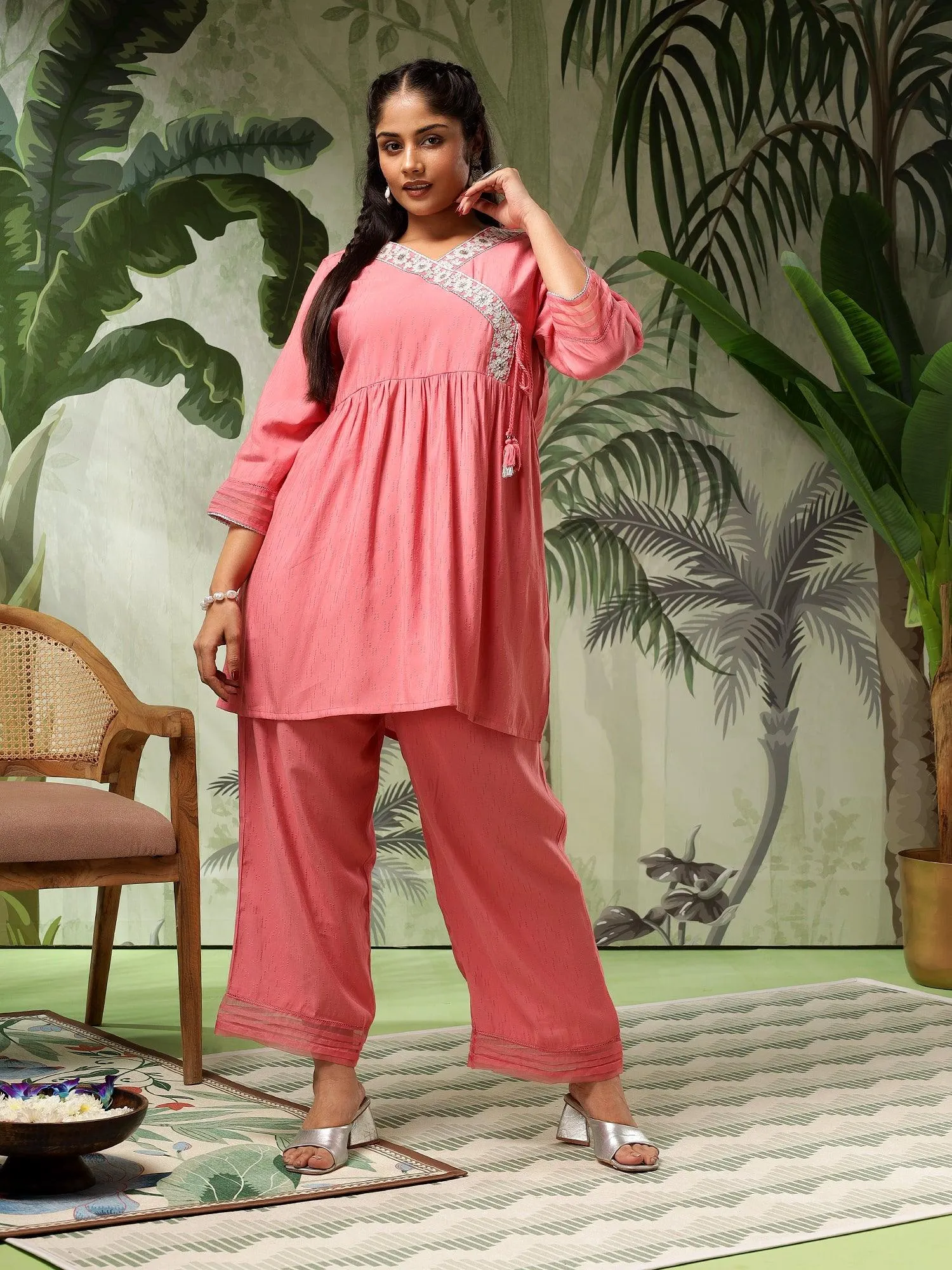 Tara Plus Size Pink Muslin Embroidered Angrakha (Co-Ord Set)