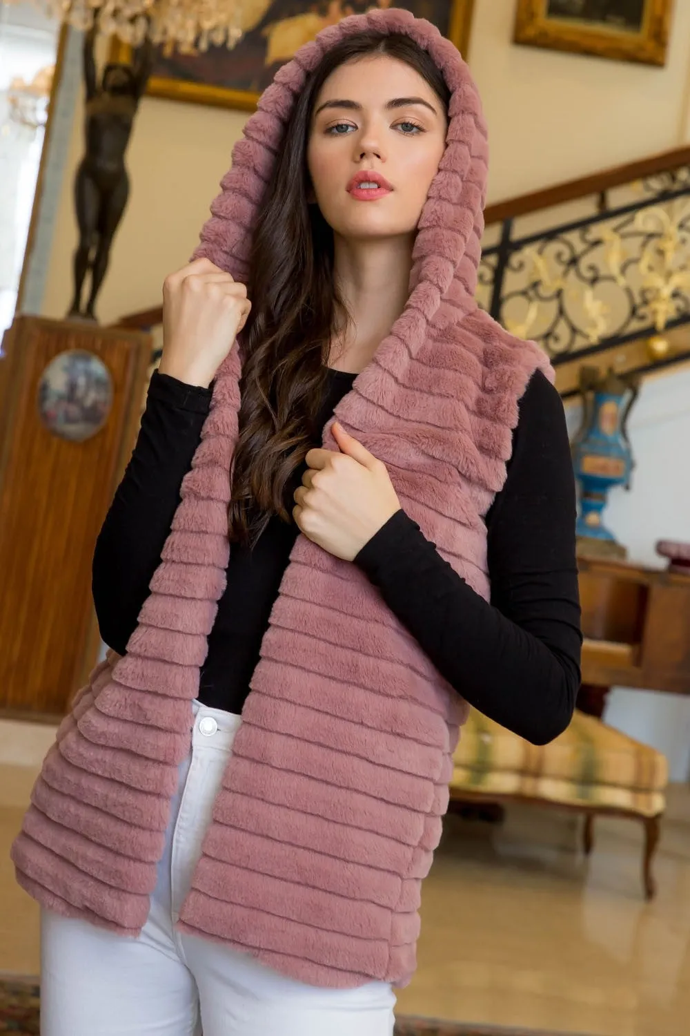 THML Pink Faux Fur Hooded Vest