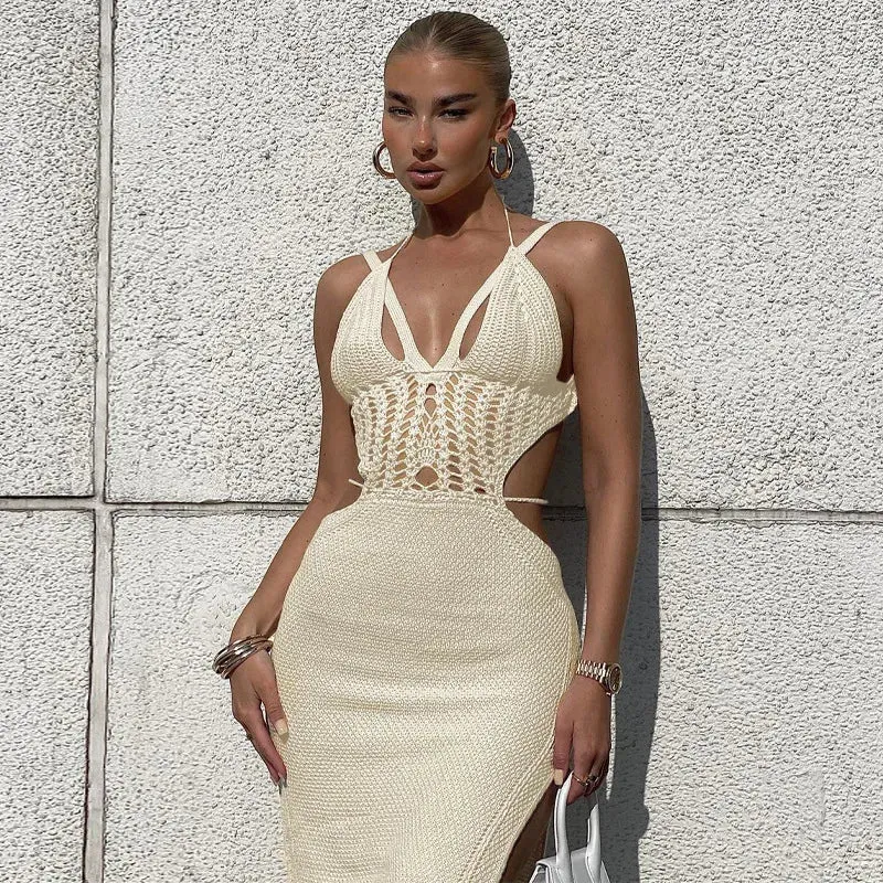 Toleet-White Knitting Summer Sexy Two Piece Set Backless Top Bodycon Long Skirt Women Set Elegant Casual 2 Piece Set Women