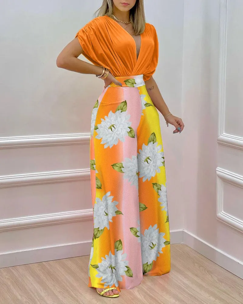 Two Piece Set Women V-neck Bat Sleeve Top Printed Wide-leg Pants