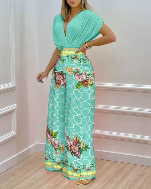 Two Piece Set Women V-neck Bat Sleeve Top Printed Wide-leg Pants