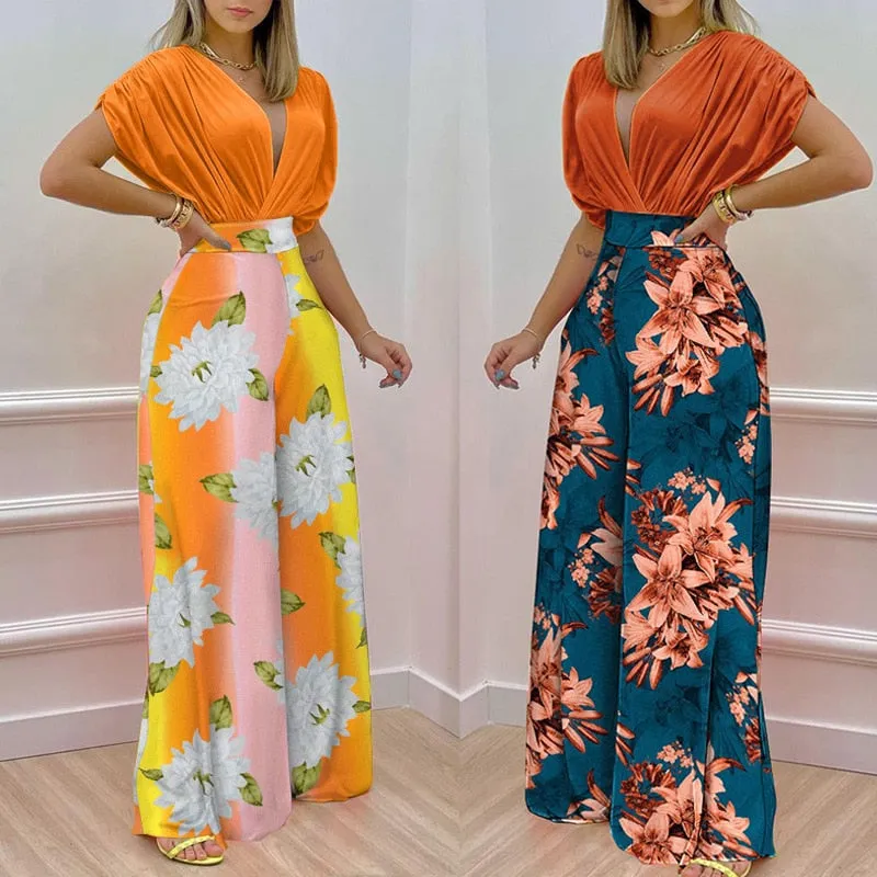 Two Piece Set Women V-neck Bat Sleeve Top Printed Wide-leg Pants