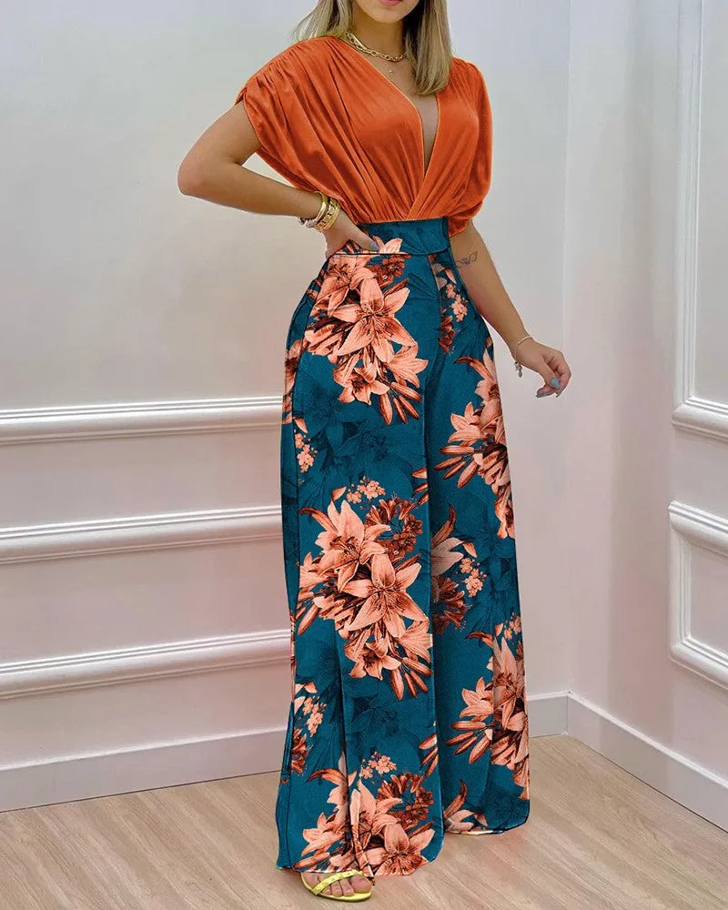 Two Piece Set Women V-neck Bat Sleeve Top Printed Wide-leg Pants