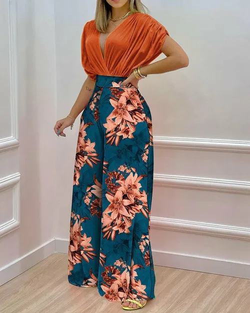 Two Piece Set Women V-neck Bat Sleeve Top Printed Wide-leg Pants