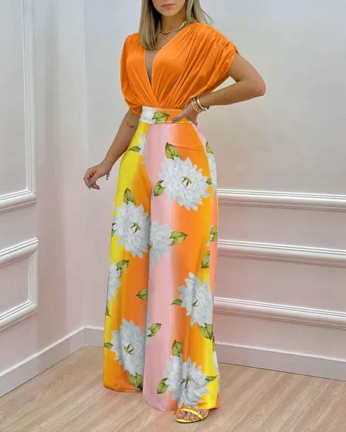 Two Piece Set Women V-neck Bat Sleeve Top Printed Wide-leg Pants