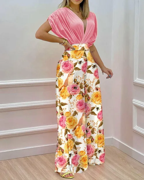 Two Piece Set Women V-neck Bat Sleeve Top Printed Wide-leg Pants