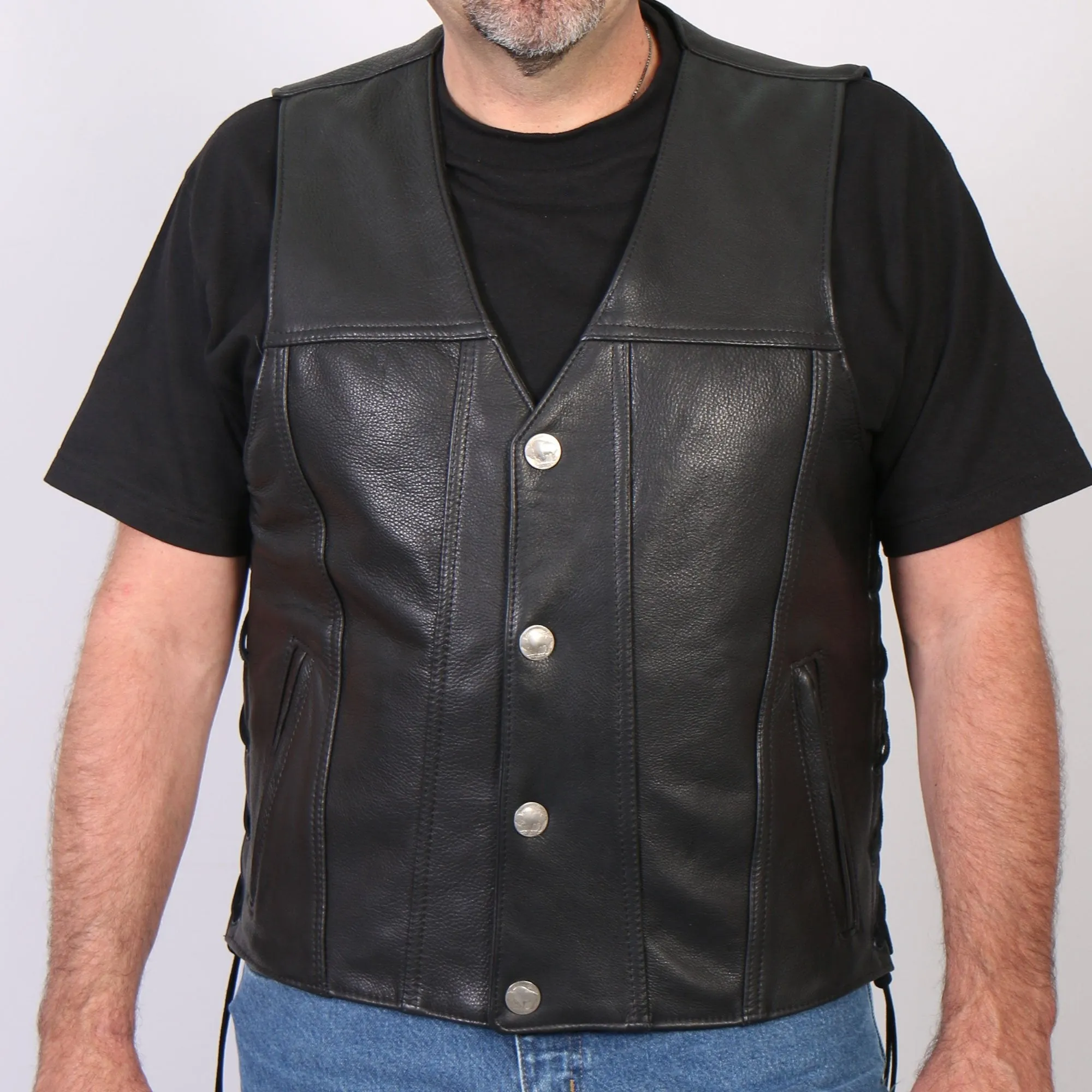 USA Made Buffalo Nickel Snap Premium Leather Vest, VSM5005-HL