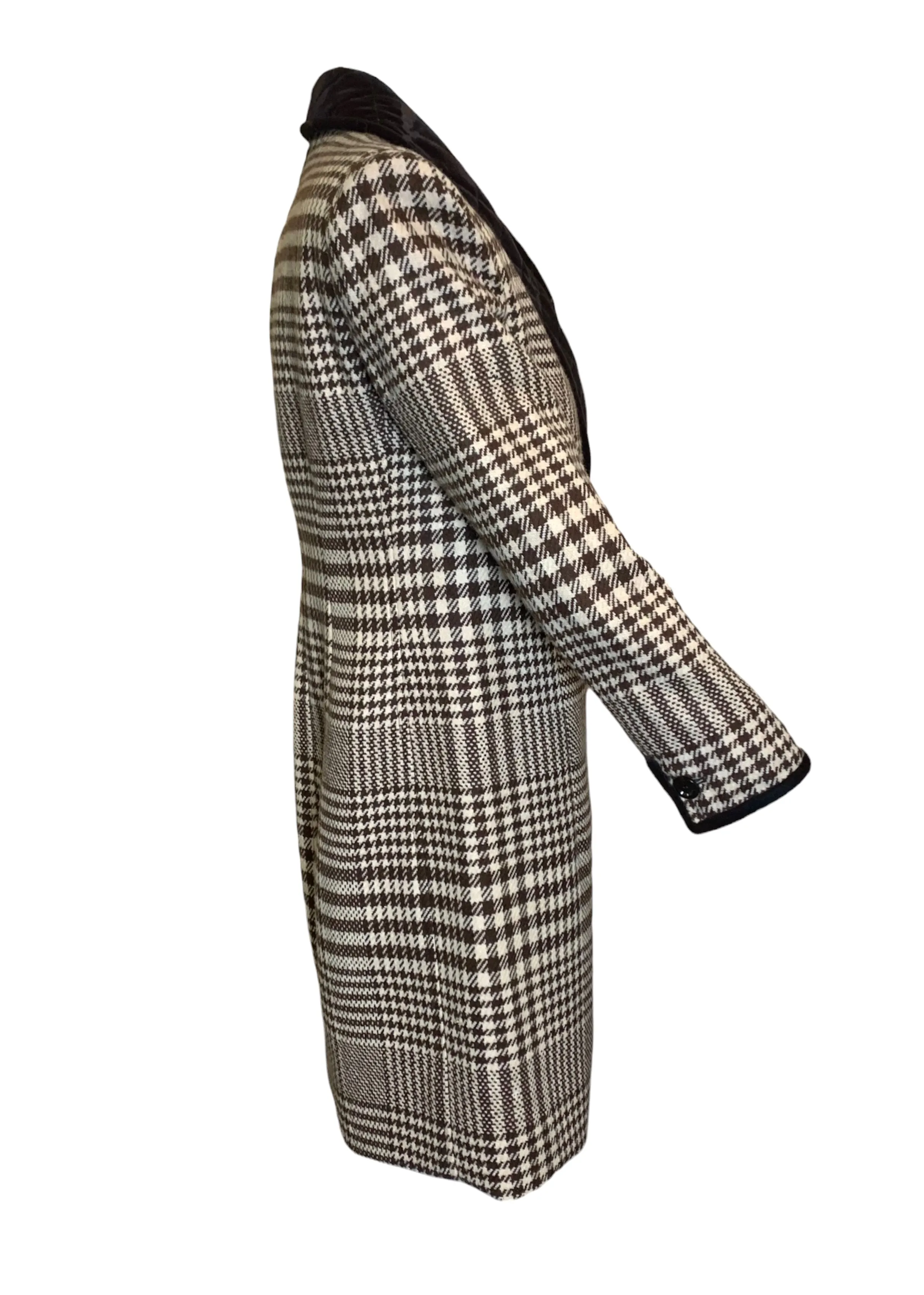 Valentino Late 70s Brown and Ivory Houndstooth Wool Coat with Velvet Trim