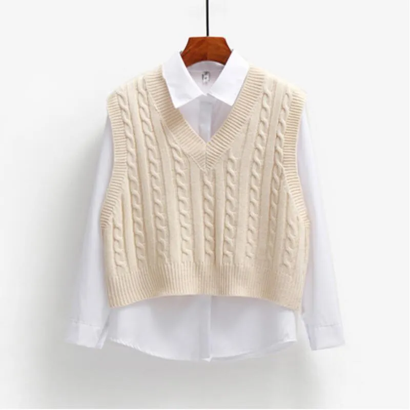 Wenkouban Women Short Knitted Sweater Sleeveless Women Loose Sweater Vest Ladies V-Neck Pullover Tank Tops Waistcoat Female Coats