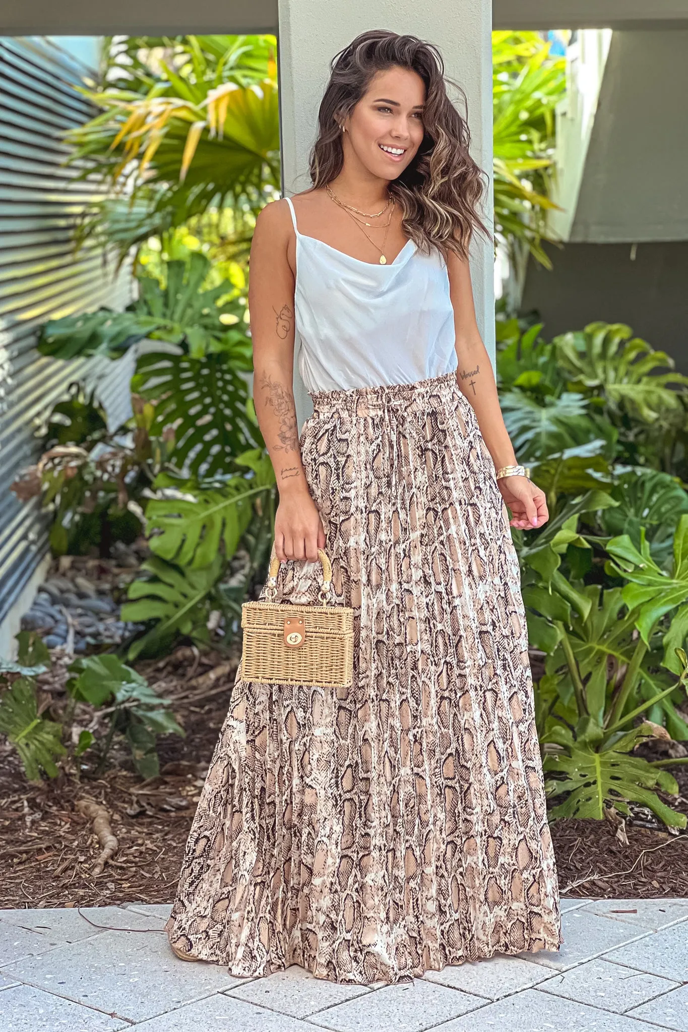 White Draped Top Maxi Dress With Pleated Leopard Skirt