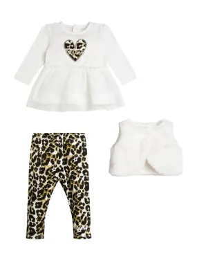 White Leopard Fur Vest T-Shirt And Leggings 3-Piece Set (3-18m)