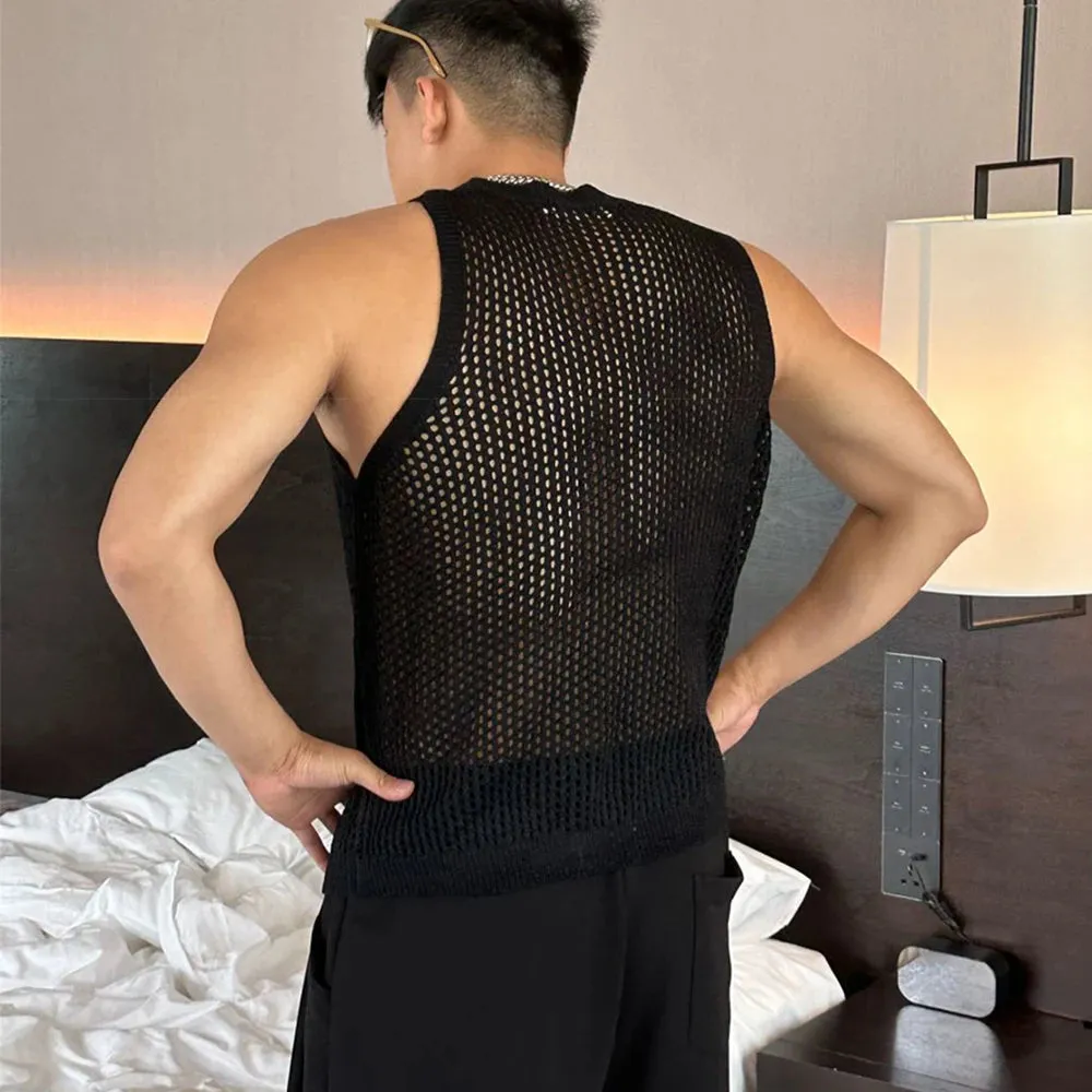 Wiaofellas  -  Mens Sexy Hollow Mesh Knitted Vest Genderless New Nightclub Niche Casual Solid Color Sleeveless Knitted Tank Top Unisex