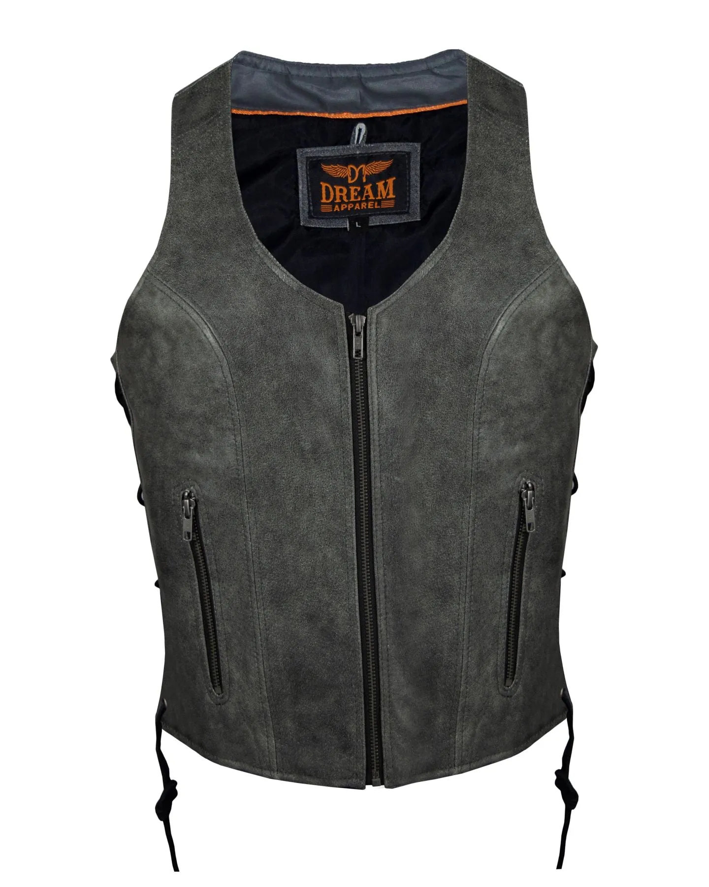 Women Grey Zipper Front Vest Side Laces, Conceal Carry Pockets, Premium Cowhide Leather