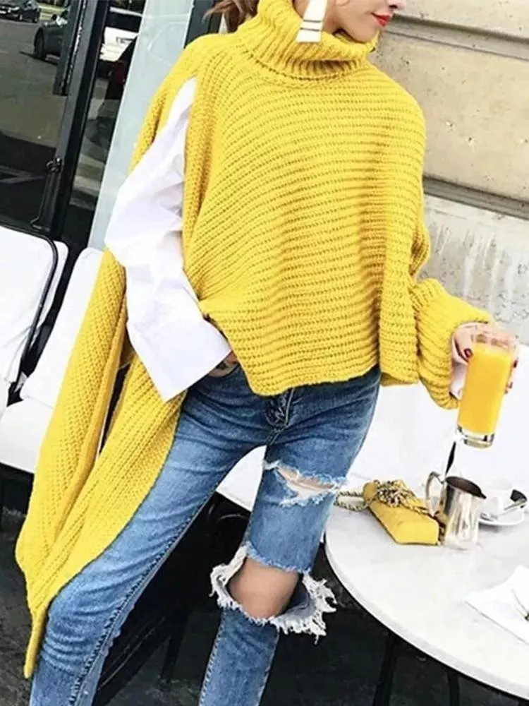 Women High Neck Long Sleeves Knitting Pullover Coats