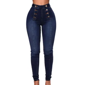 Women High Waist Jeans Skinny Double-breasted Pockets Push Up Full-Length Denim Pants