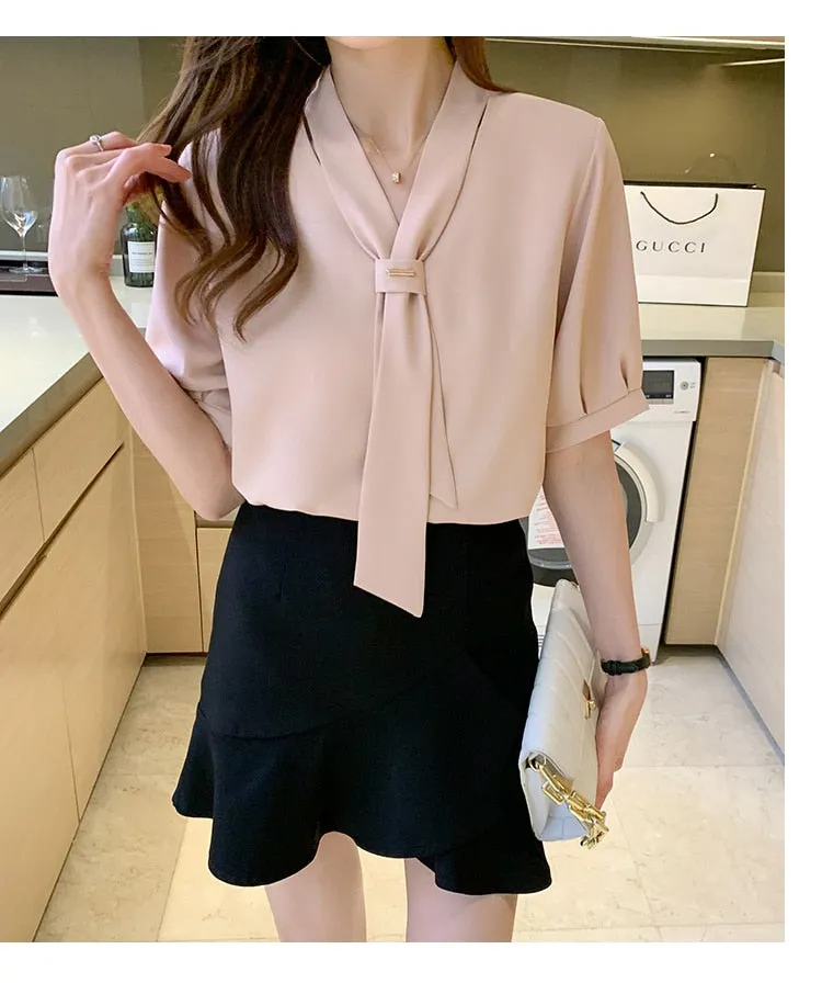 Women Shirts Blouses Short Sleeve Shirts Top Chic Office Lady Chiffon Blouse Tops - WSB8558